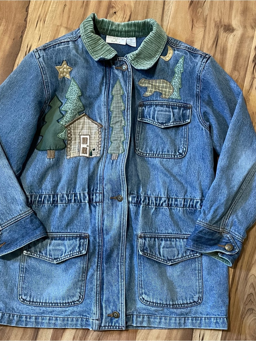 VTG 90s C&B Cabin Core Patchwork Denim Chore Coat Bear Tree Log Cabin Sz Med